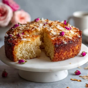 A single slice of moist Coconut Ricotta Cake on a white plate, showcasing the light and tender crumb texture of this Italian-inspired dessert.