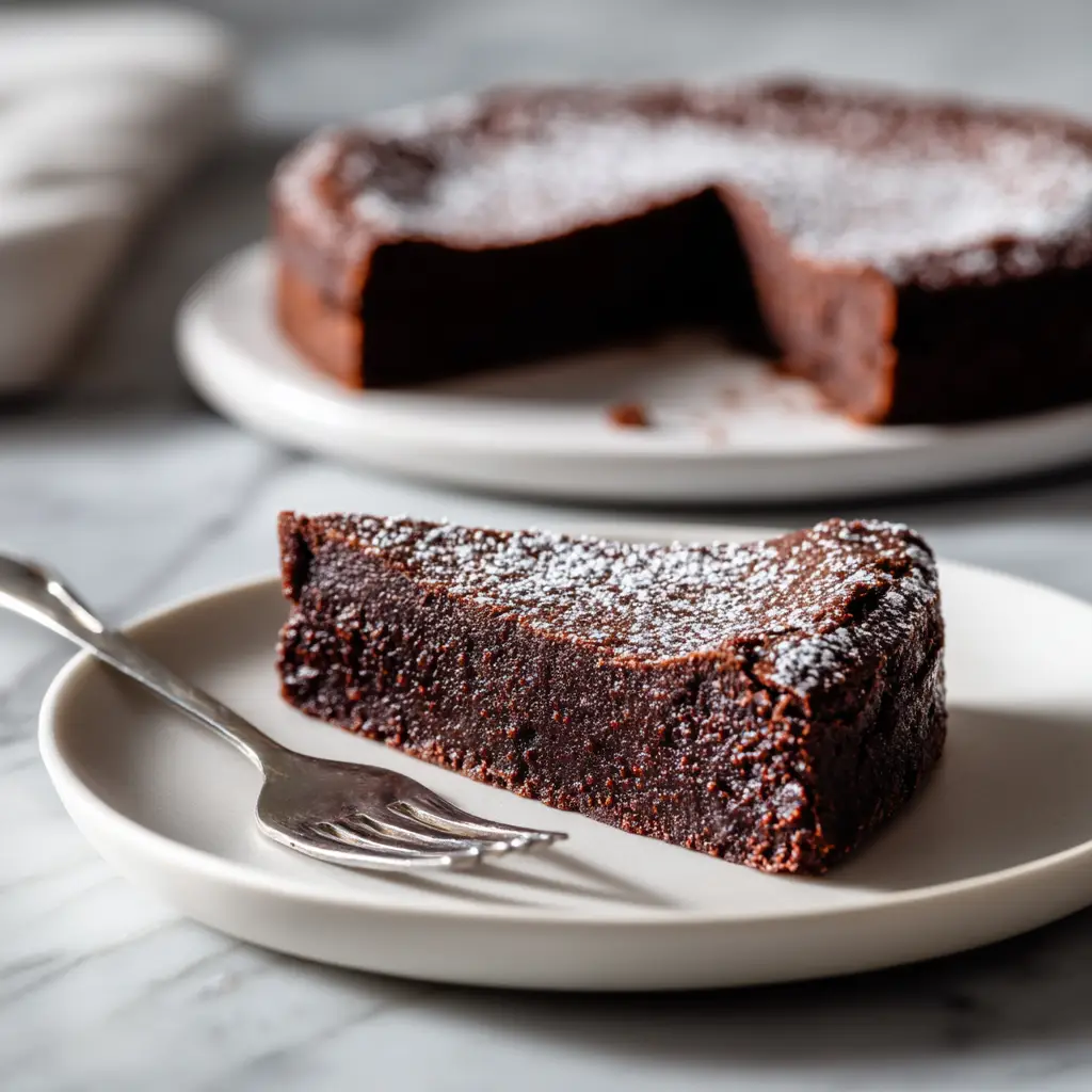 Flourless Chocolate Torte Recipe 2 A single slice of rich, fudgy flourless chocolate torte on a white plate, showcasing its dense texture.