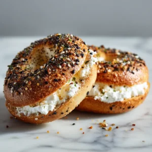 A sliced homemade cottage cheese bagel revealing a soft, chewy texture, topped with cream cheese.