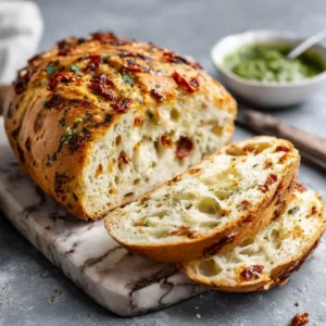 A perfectly baked loaf of savory tomato basil bread, sliced to show the soft, airy crumb studded with pieces of sun-dried tomato and fresh basil.