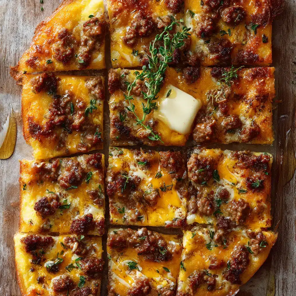 A close-up shot of the Sausage Cheese Sheet Pan Pancakes being sliced into squares. This image shows the fluffy texture and savory toppings of the breakfast bake.