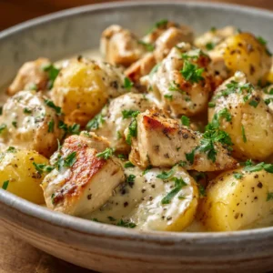 An extreme close-up of slow cooker chicken and potatoes in a white ceramic bowl, highlighting the tender texture of the meat and the savory herb seasoning.