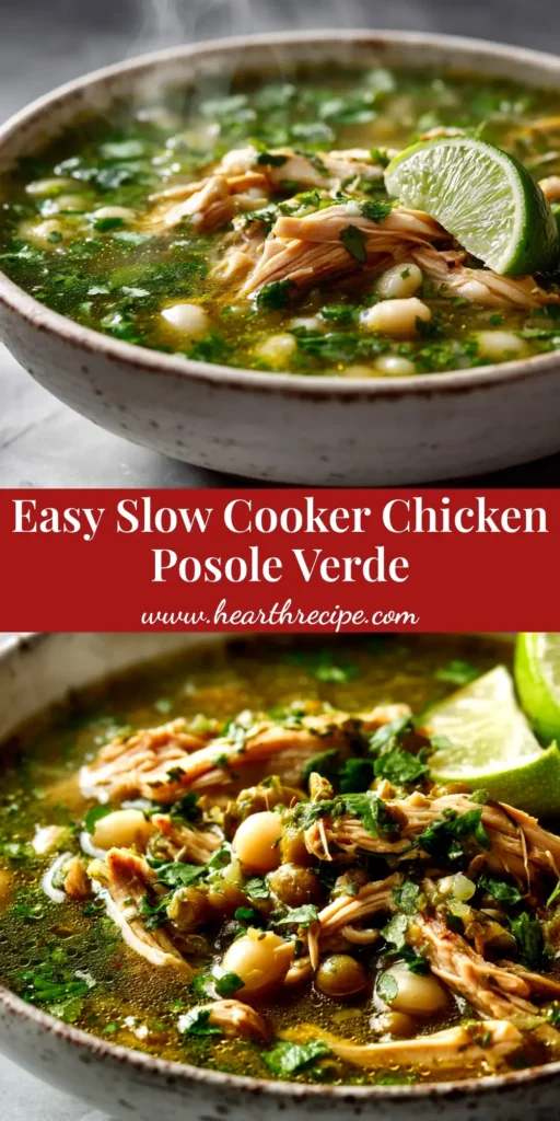 A beautiful overhead shot of a bowl of Slow Cooker Chicken Posole Verde, garnished with fresh cilantro, radishes, and a lime wedge. The perfect pin to save for an easy weeknight dinner.