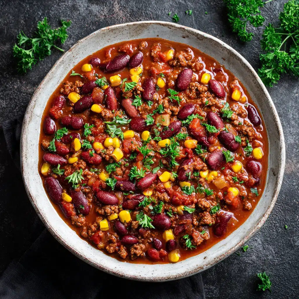 A close-up view of the ingredients for cowboy beans, including ground beef, bacon, and various beans in a slow cooker.