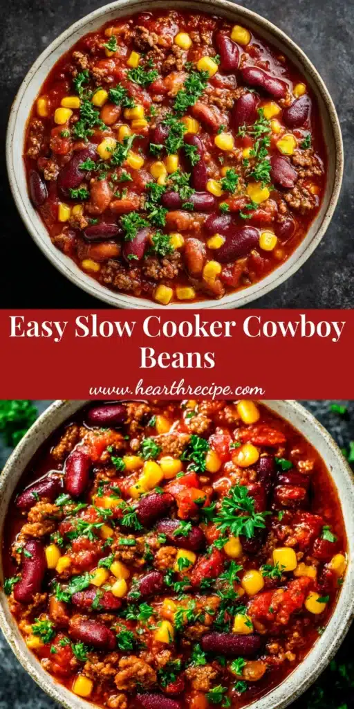 A delicious bowl of Slow Cooker Cowboy Beans with text overlay. The perfect easy and hearty crockpot recipe for dinner.