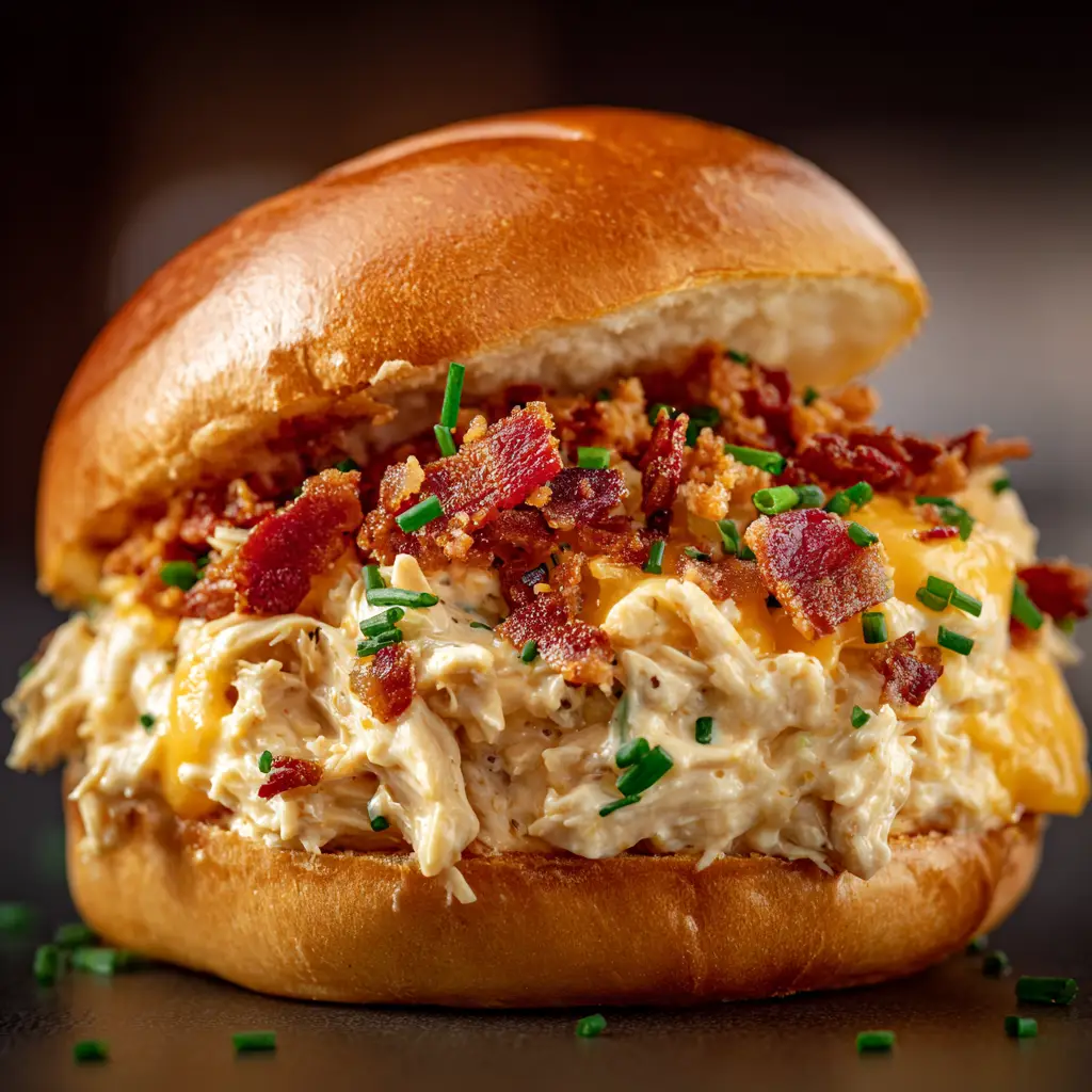 Two finished crack chicken sandwiches served on brioche buns, showcasing the generous filling and melted cheese.