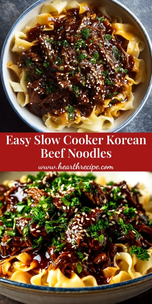 A top-down view of a white bowl filled with Slow Cooker Korean Beef Noodles, garnished with fresh green onions and sesame seeds. The beef is tender and coated in a rich, dark sauce.