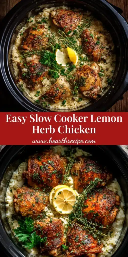 A Pinterest pin image showing a juicy, golden-brown Slow Cooker Lemon Herb Chicken on a platter, ready to be served. Text overlay reads 'Easy Slow Cooker Lemon Herb Chicken'.