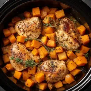 A close-up overhead view of slow cooker maple dijon chicken, showing the texture of the tender chicken and the rich, glossy sauce.