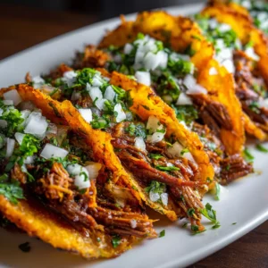 An extreme close-up of a crispy, cheesy quesabirria taco made using the slow cooker birria recipe, showing the melted Oaxaca cheese and tender shredded beef.