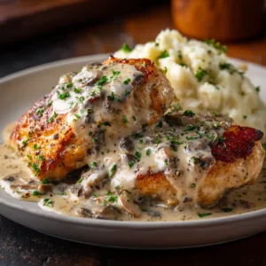 Two pieces of perfectly cooked smothered chicken in a skillet, topped with mushrooms, onions, and gooey melted cheese.