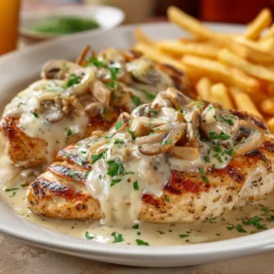 Juicy grilled chicken breasts smothered in sautéed mushrooms, onions, and melted jack cheese, presented on a rustic wooden board.