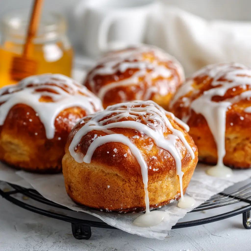An overhead shot of several warm and fluffy glazed honey buns, showcasing their soft texture and sweet, sticky topping.