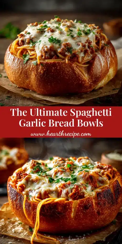 An overhead shot of four amazing Spaghetti Garlic Bread Bowls filled with rich meat sauce and topped with melted mozzarella cheese, ready to be served.
