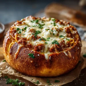 A close-up shot of a single spaghetti stuffed garlic bread bowl, showcasing the gooey melted mozzarella cheese and rich spaghetti filling.