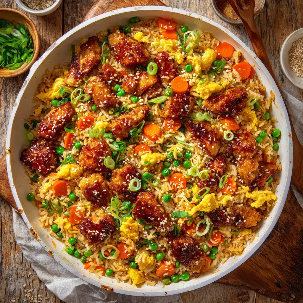 A fresh bowl of spicy fried rice made with chicken and the signature creamy bang bang sauce, ready to be served for a quick weeknight dinner.