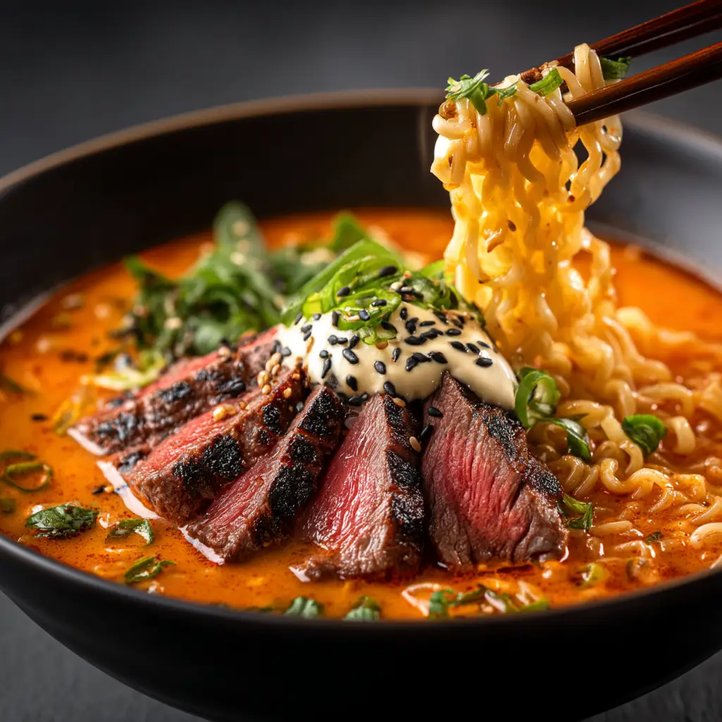 A finished bowl of spicy Korean noodle soup, garnished with a perfectly cooked soft-boiled egg and fresh green onions.