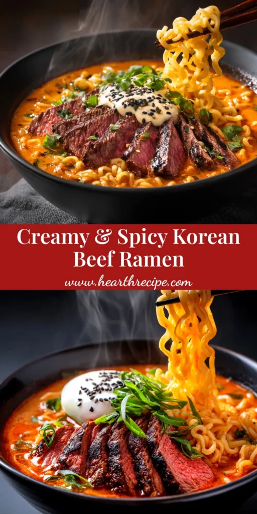 A delicious bowl of homemade Spicy Korean Ramen topped with a soft boiled egg, green onions, and sesame seeds. The perfect easy and authentic recipe.