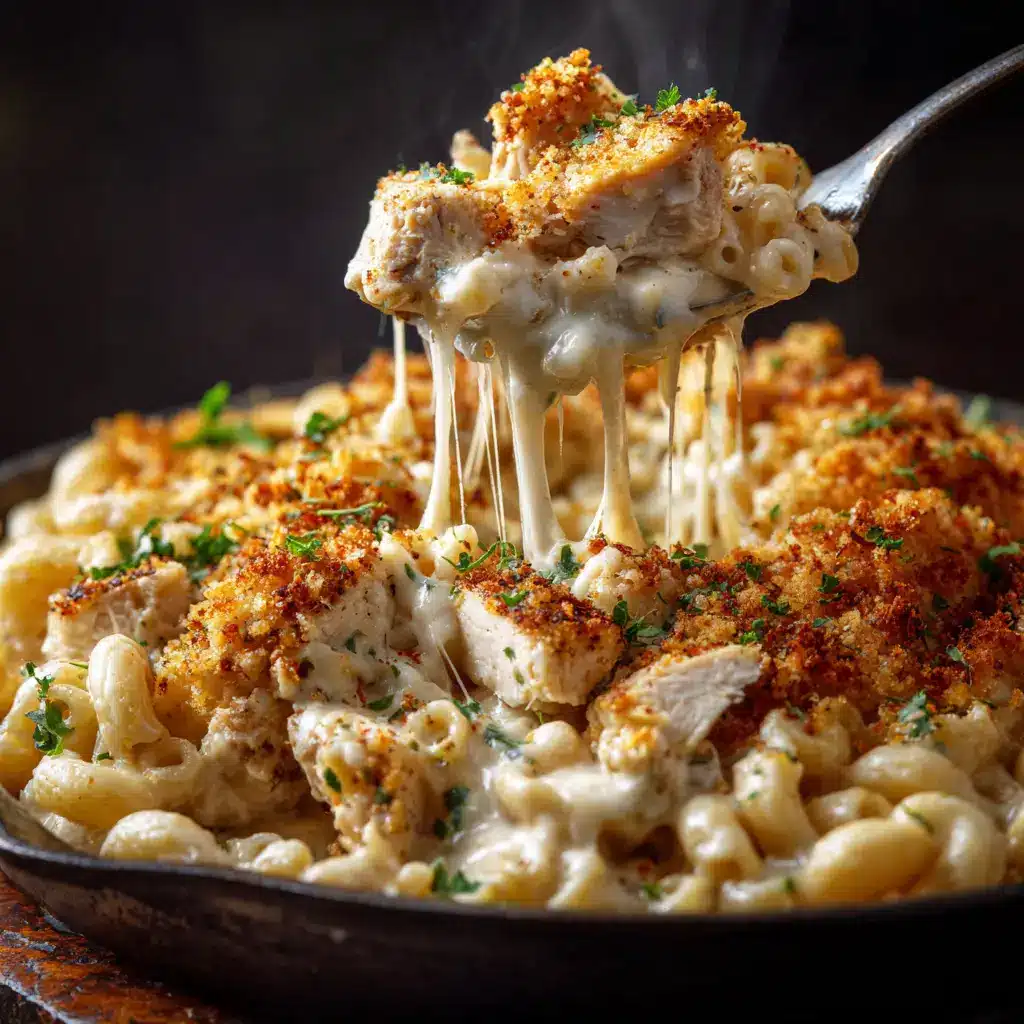 A spoonful of spicy mac and cheese with chicken being lifted from a bowl, with a cheese pull visible, demonstrating its creamy consistency.