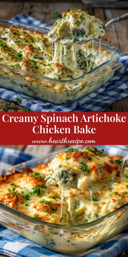 A delicious and creamy spinach artichoke chicken bake in a white baking dish, topped with golden bubbly cheese and ready to be served.