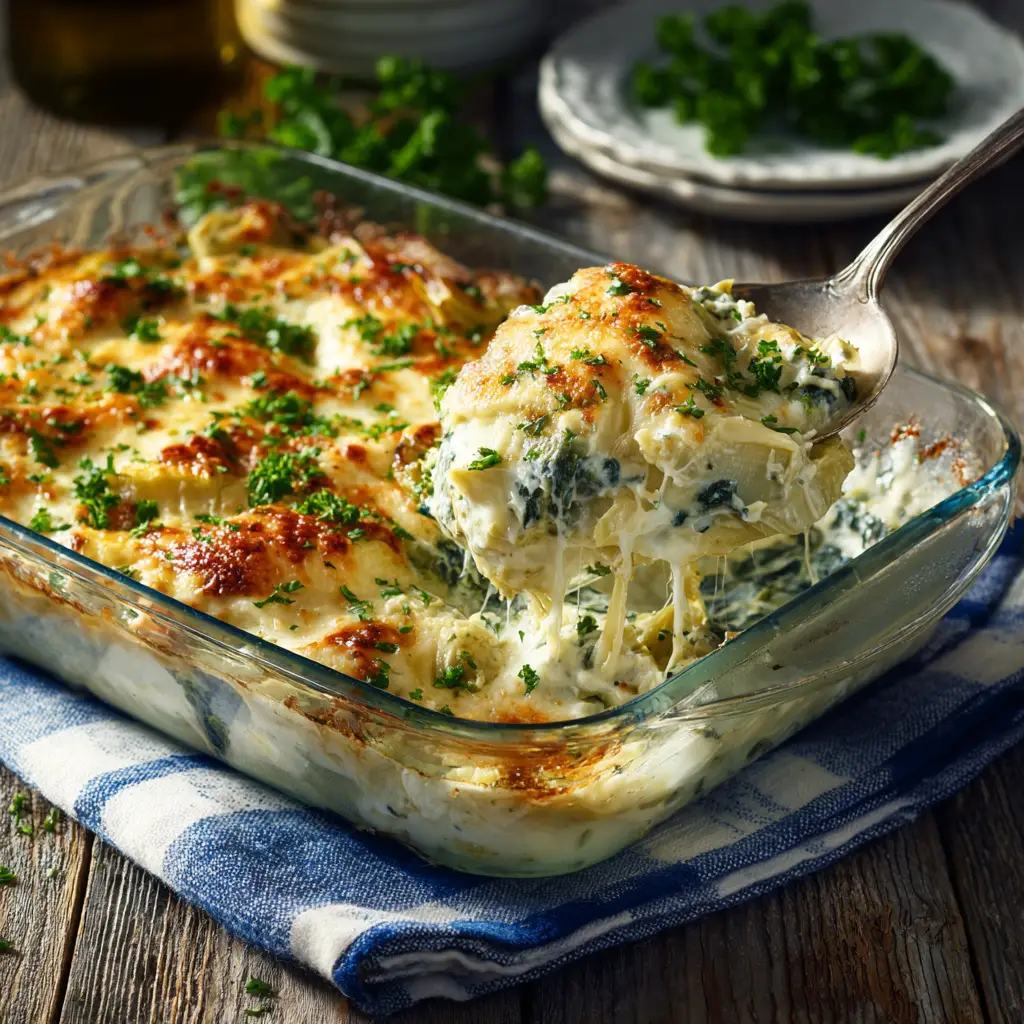 A serving of the spinach artichoke chicken bake on a plate, paired with a side of roasted asparagus, illustrating a complete meal.