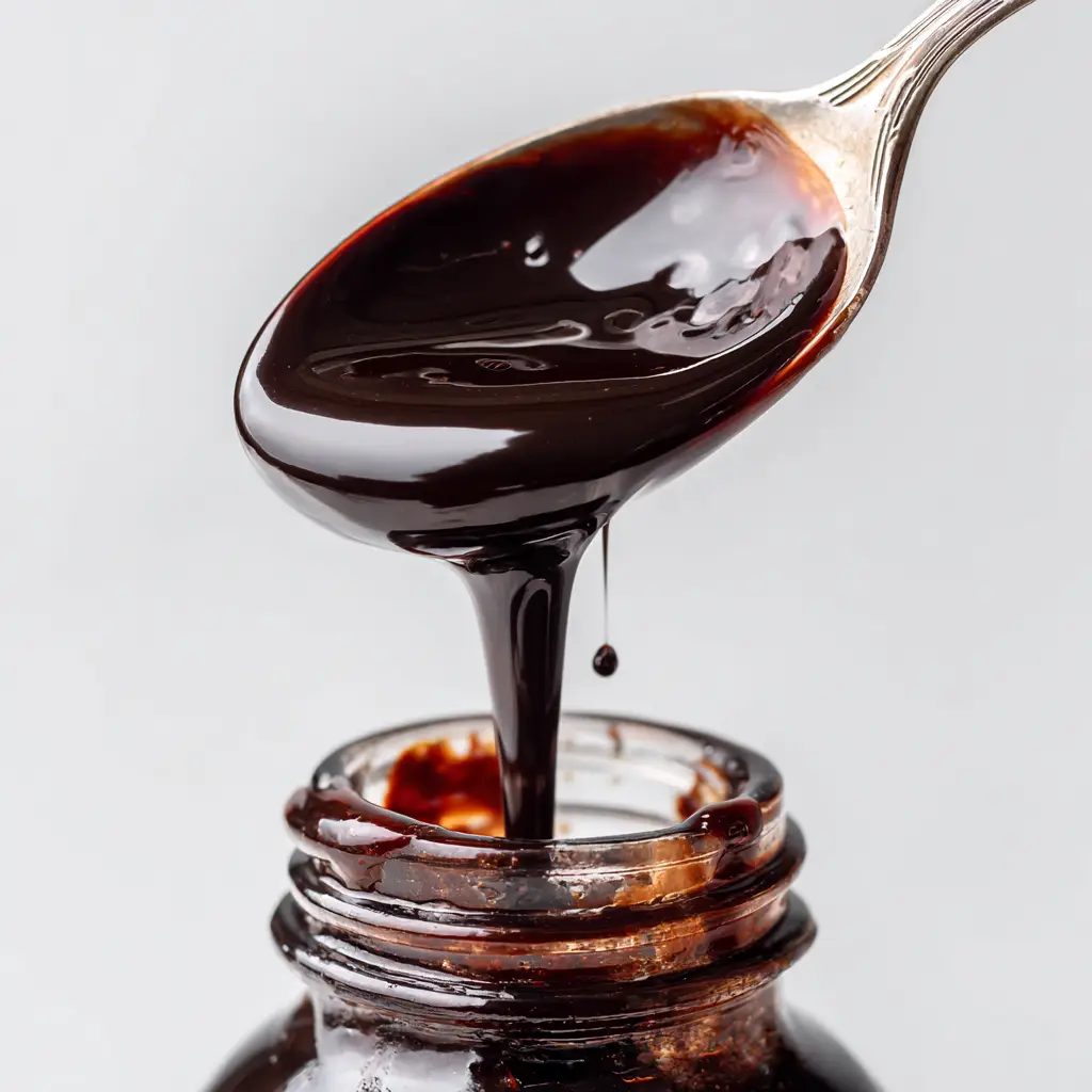 A spoonful of rich, dark chocolate syrup made from cocoa powder, held up to show its perfect consistency for topping ice cream or making chocolate milk.