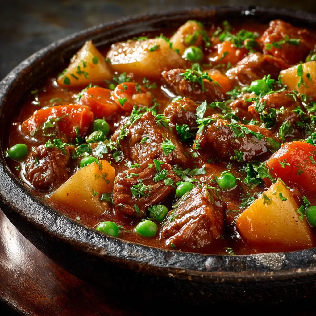 A spoonful of the slow-cooked Mediterranean beef stew, showing the rich broth, a piece of beef, a potato, and an olive.