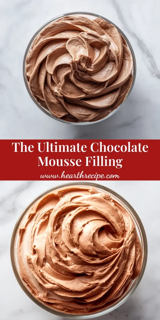 A rich and airy chocolate mousse filling being spread on a layer of chocolate cake. The mousse is perfectly stable and holds its shape, ready for the next layer. The text says 'The Ultimate Stable Chocolate Mousse Filling'.