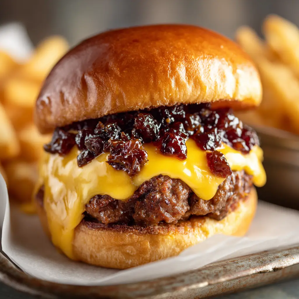 A stack of two bacon jam cheeseburger sliders, showing the soft Hawaiian roll bun and savory fillings.