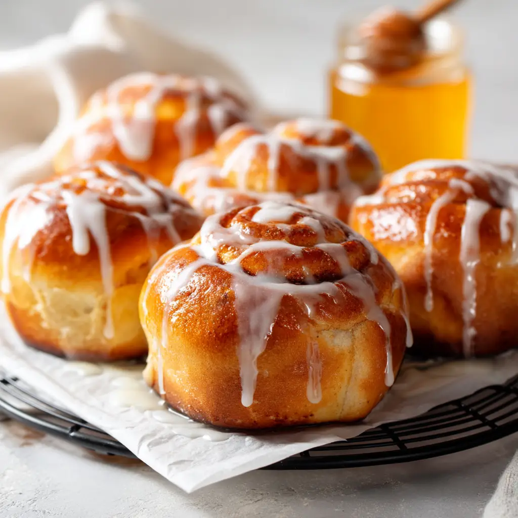 A close-up of several homemade honey buns arranged together, with the rich honey glaze dripping down the sides.
