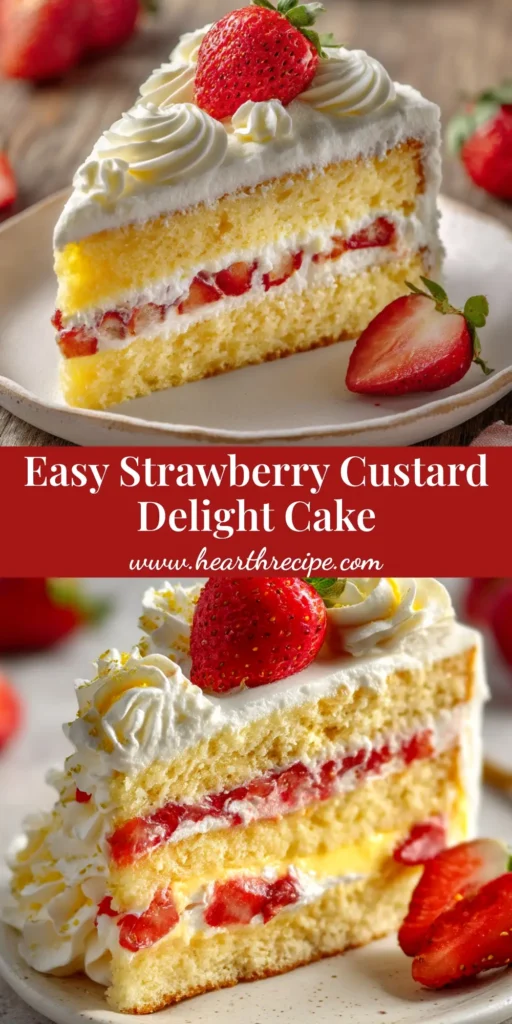 A beautiful overhead shot of a full strawberry custard cake, decorated with fresh strawberries and ready to be shared. The perfect pin to showcase this easy recipe.