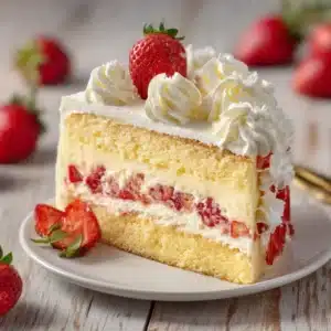 A perfect slice of strawberry custard cake on a white plate, showcasing the distinct layers of fluffy sponge cake and creamy vanilla custard.