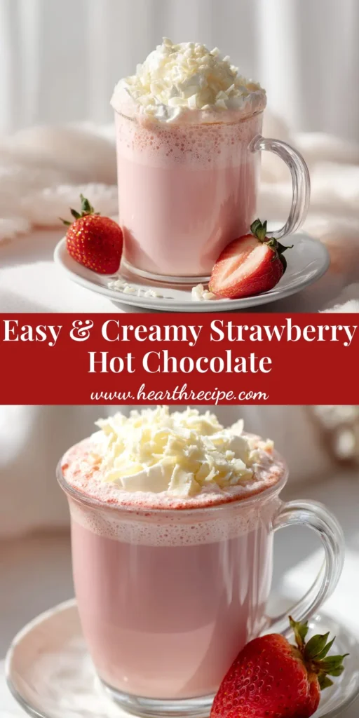 A shareable pin image for a creamy Strawberry Hot Chocolate recipe, featuring a pink drink in a white mug with whipped cream.