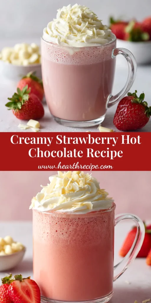 A cozy mug of creamy strawberry hot chocolate, topped with whipped cream and fresh strawberry slices. The perfect homemade pink drink recipe.