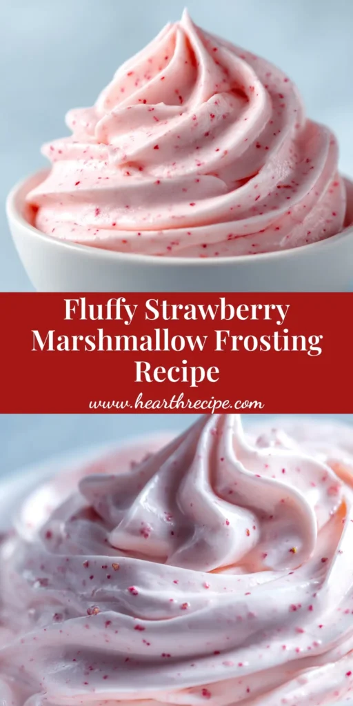 A bowl of fluffy, pink strawberry marshmallow frosting with a spatula lifting some out, showing its light and airy texture. Perfect for cakes and cupcakes.