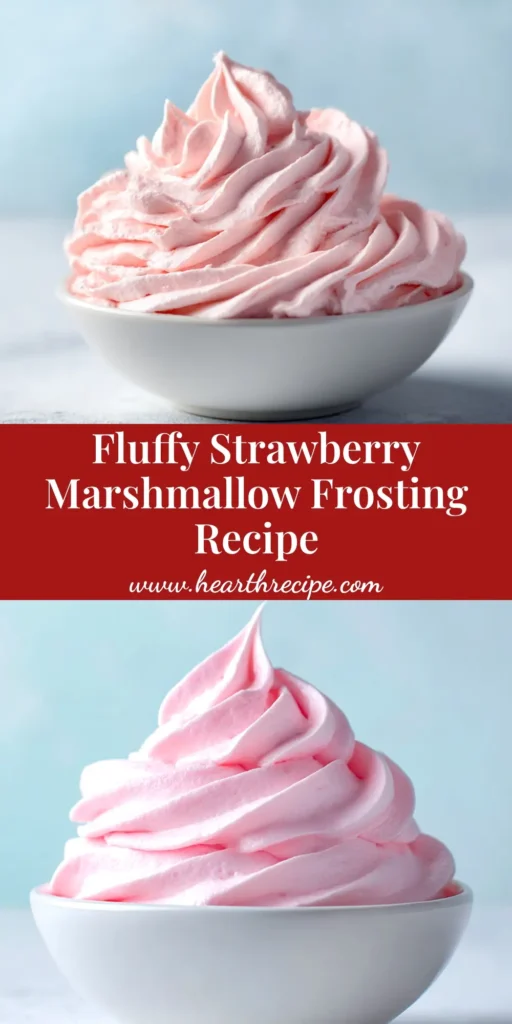 A tall, beautiful pin image showing a bowl of fluffy pink strawberry marshmallow frosting with a spatula, ready for decorating cupcakes.