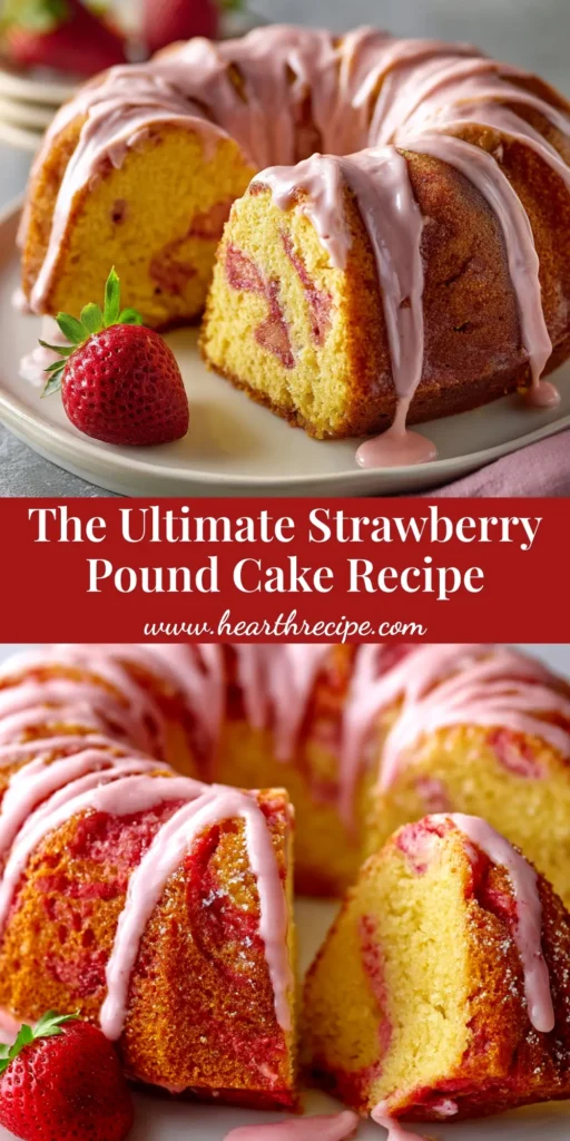 A beautiful slice of moist Strawberry Pound Cake on a white plate, drizzled with a pink strawberry glaze and garnished with a fresh strawberry.