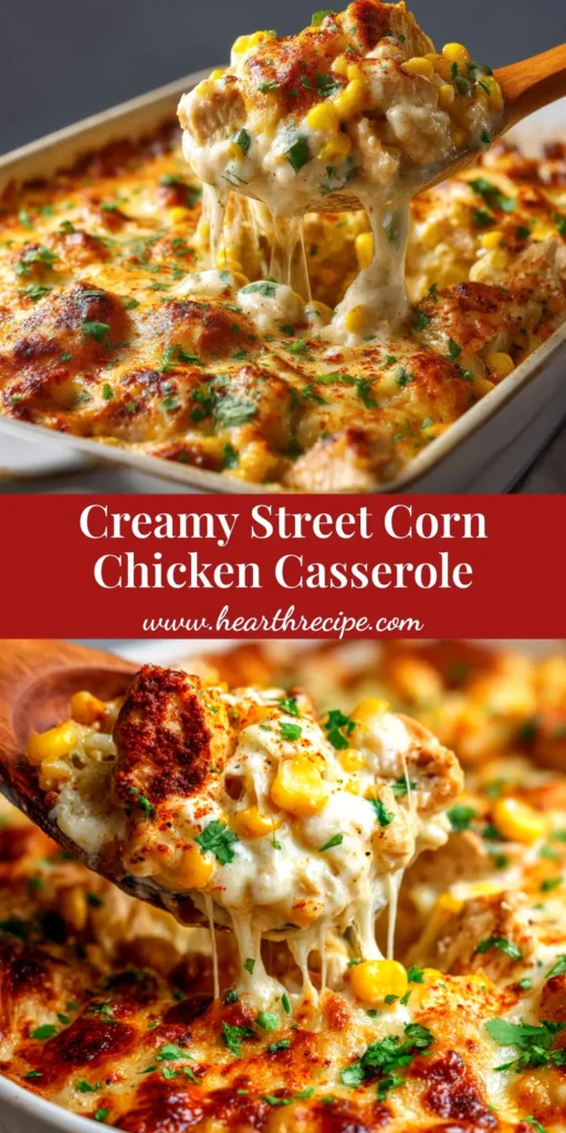 A delicious and creamy Street Corn Chicken Casserole in a white baking dish, garnished with fresh cilantro and cotija cheese. A perfect weeknight dinner recipe.