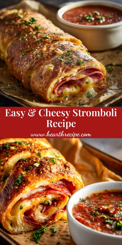 A perfectly baked Stromboli Recipe With Pizza Dough, sliced to show layers of pepperoni, salami, and melted cheese, with a side of marinara sauce.