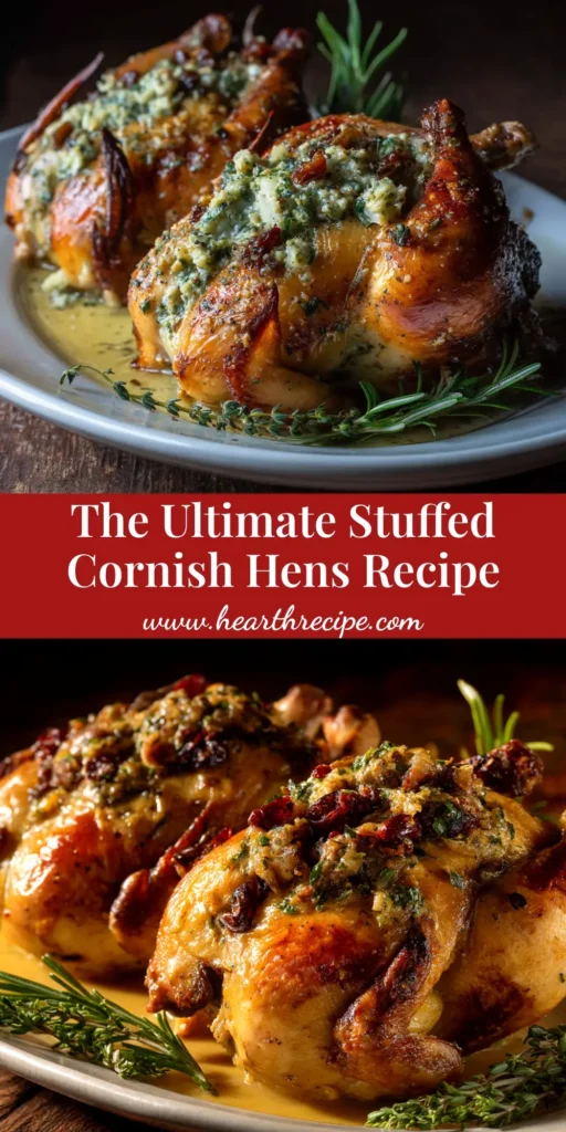 A perfectly roasted Stuffed Cornish Game Hen with wild rice and sausage stuffing, presented on a platter with fresh herbs. The ultimate elegant dinner recipe.