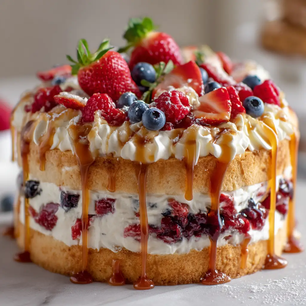 Berry Trifle Recipe (The Easiest & Most Delicious!) 2 Layers of fresh berries and cream being assembled in a glass bowl for a summer berry trifle dessert.