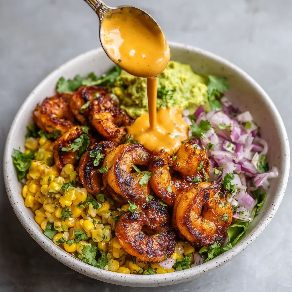 A close-up shot of the components for a summer shrimp bowl, including marinated raw shrimp on skewers ready for the grill and a bowl of fresh cilantro lime dressing.