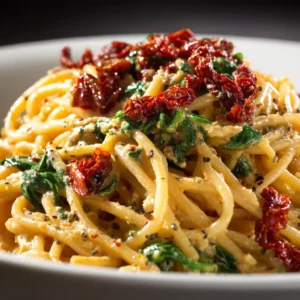 A close-up shot of sun-dried tomato pasta being twirled on a fork, showing the creamy texture of the sauce and bits of tomato and basil.