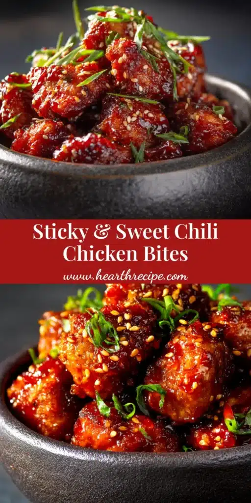 An overhead shot of crispy sweet chili chicken in a white bowl, garnished with sesame seeds and green onions, ready to be served.