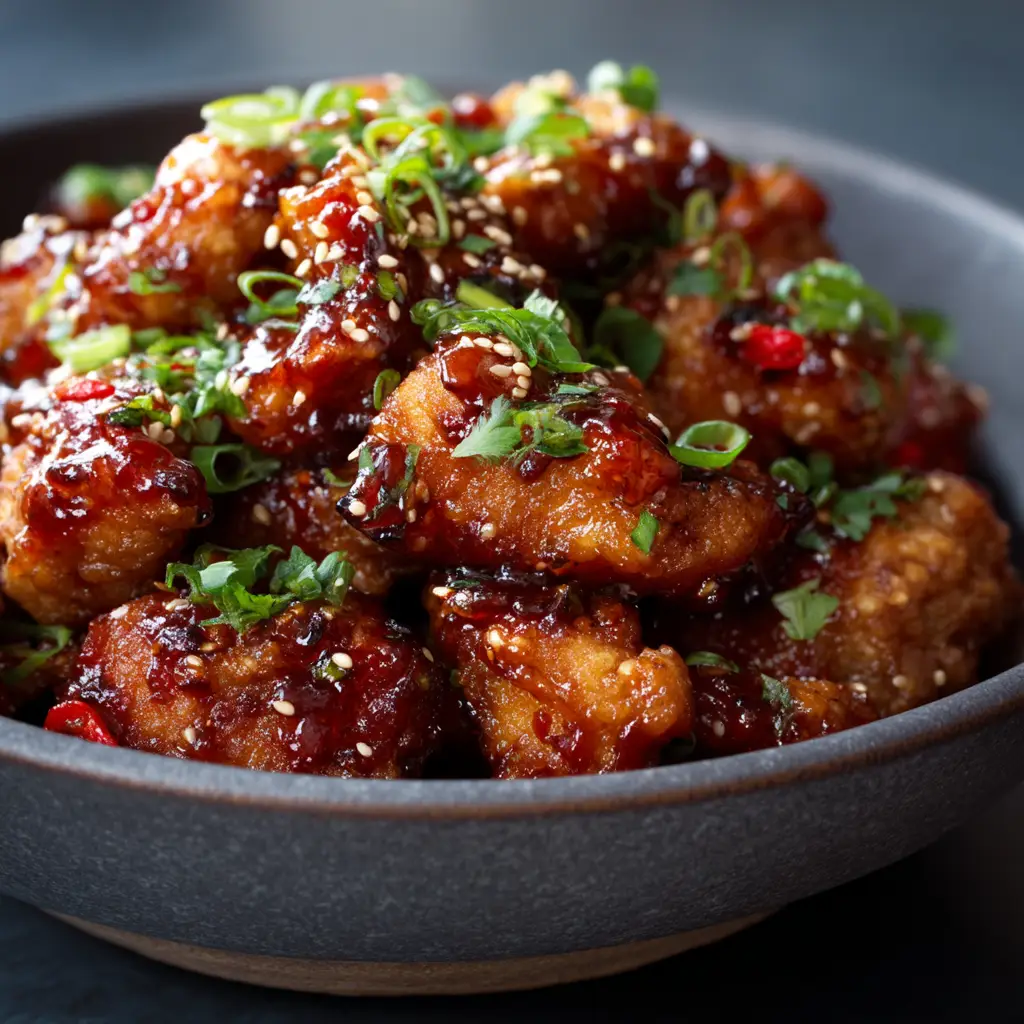 A serving of sweet chili chicken in a bowl with rice and steamed broccoli, ready for a delicious meal.