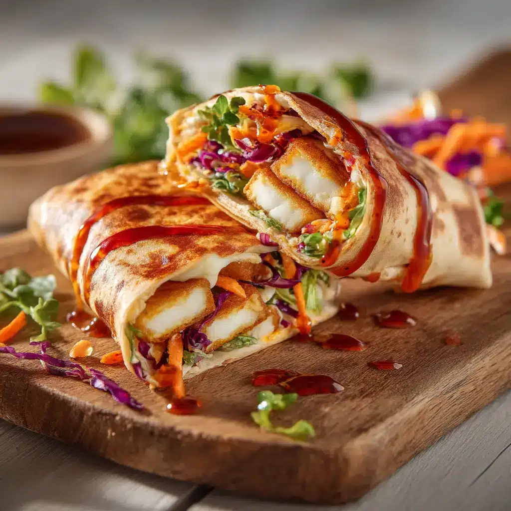 Two sweet chili halloumi wraps stacked on a plate, ready to be served, garnished with a sprinkle of fresh cilantro.