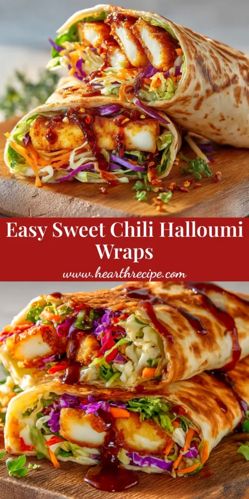 Sweet Chili Halloumi Wraps are the ultimate 20-minute meal! This easy vegetarian recipe features crispy pan-fried halloumi cheese tossed in a sweet and spicy sauce, wrapped in a soft tortilla with fresh salad. Perfect for a quick lunch or dinner idea. #halloumi #vegetarianrecipes #easydinner #quicklunch #healthyrecipes