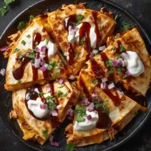 An overhead close-up shot of a sweet and spicy chicken quesadilla being pulled apart, revealing a satisfying cheese pull and the rich BBQ chicken filling.