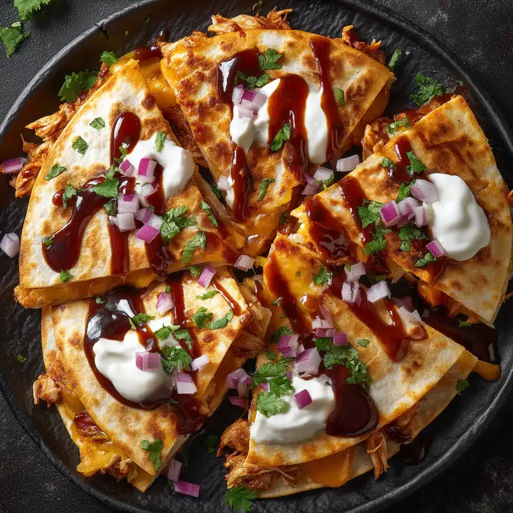 Hot Honey BBQ Chicken Quesadillas: A Sweet & Spicy Delight 2 An overhead close-up shot of a sweet and spicy chicken quesadilla being pulled apart, revealing a satisfying cheese pull and the rich BBQ chicken filling.