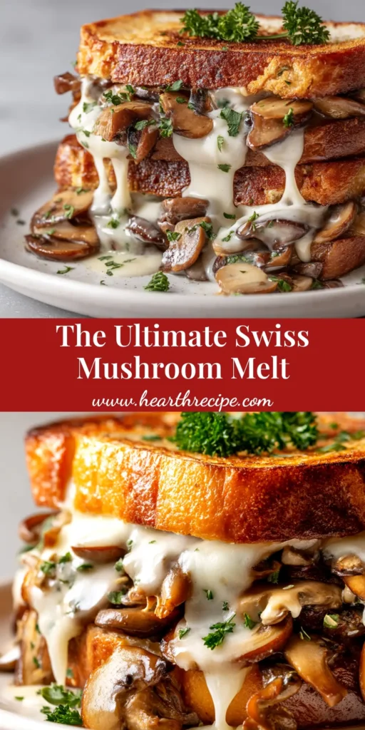 Swiss Mushroom Melt: The Ultimate Gourmet Recipe 4 A perfectly grilled Swiss Mushroom Melt cut in half, showcasing the juicy beef patty, melted cheese, and savory mushrooms and onions on rye bread.